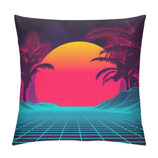 Personality  Retro Background Futuristic Landscape With Palm Tree Silhouette 1980s Style. Digital Retro Palms Landscape Cyber Surface. Retro Music Album Cover Template Sun, Space, Mountains . 80s Retro Sci-Fi Pillow Covers