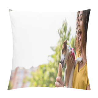 Personality  Panoramic Crop Of Young Woman With Open Moth Looking At Dog Licking Ice Cream Pillow Covers