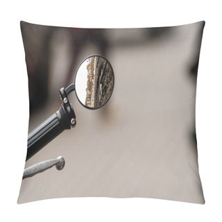 Personality  Reflection Of A Ancient Residental Building In The Rear View Mirror Of A Motorcycle In Front Of A Defocused Sidewalk Pillow Covers