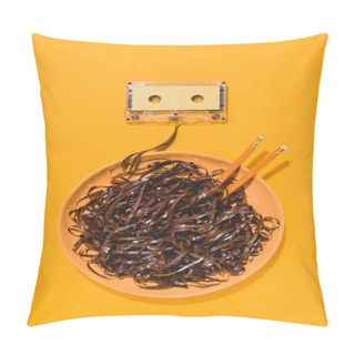 Personality  Flat Lay With Retro Audio Cassette And Bowl With Pencils And Tape Isolated On Yellow Pillow Covers