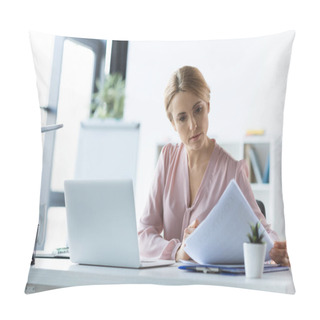 Personality  Serious Businesswoman Working With Documents Pillow Covers