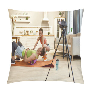 Personality  Collaborate And Create. Man And Woman In Sportswear Recording Video Blog Or Vlog About Healthy Lifestyle On Camera While Exercising Indoors. Fitness, Workout And Vlogging Concept Pillow Covers