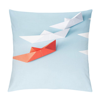 Personality  High Angle View Of Unique Red Paper Boat Among White On Blue Background Pillow Covers