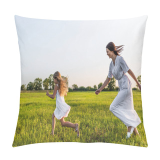 Personality  Active Mother And Daughter In White Dresses Running In Green Meadow Pillow Covers