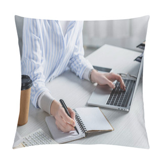 Personality  Cropped View Of Woman Writing In Notebook On Wooden Desk Pillow Covers