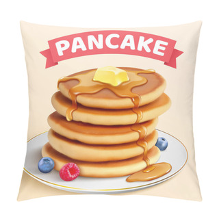 Personality  Homemade Pancake Ads In 3d Illustration, Pile Of Pancakes With Butter And Honey Dripping With Blueberries And Raspberry On A Serving Plate Over Beige Background Pillow Covers