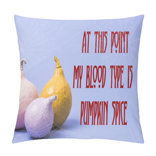 Personality  Painted Festive Halloween Pumpkins On Violet Background With At This Point My Blood Type Is Pumpkin Spice Illustration Pillow Covers