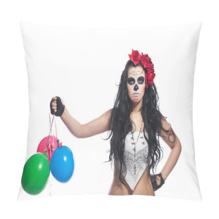 Personality  Disappointed Woman In Dead Mask With Ballons Pillow Covers