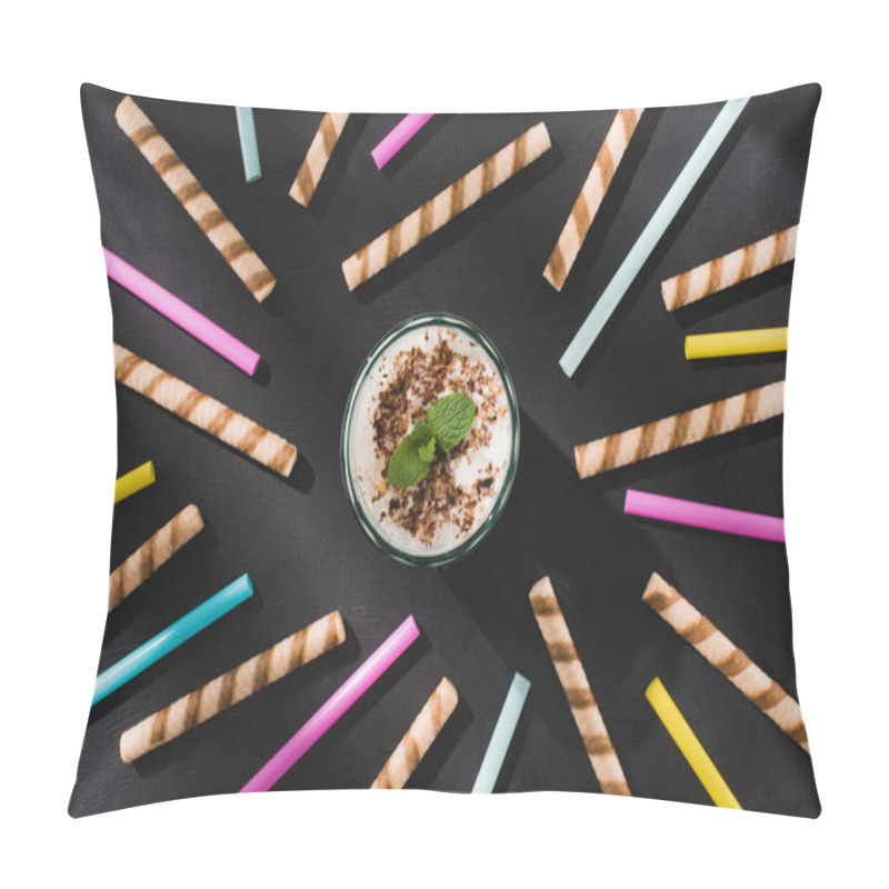 Personality  Top View Of Milkshake With Chocolate Shavings And Mint Surrounded By Sweet And Drinking Straws  Pillow Covers
