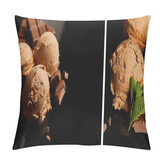 Personality  Collage Of Fresh Delicious Chocolate Ice Cream With Mint Leaves On Black Pillow Covers