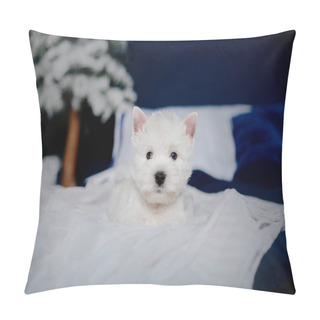 Personality  West Highland White Terrier Puppy On A Bed. Christmas Scenery And Interior Pillow Covers