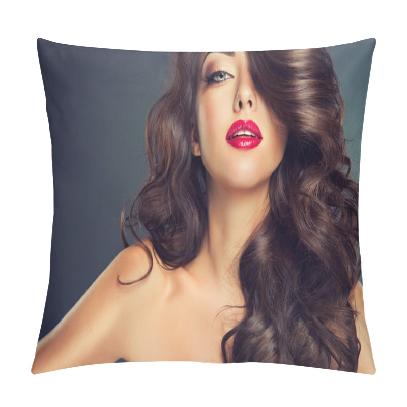 Personality  Sensual brunette woman with curly hair pillow covers