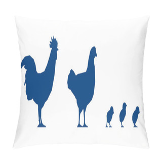 Personality  Low Poly Rooster, Chicken And Chicks On White Background. Blue Silhouettes. Vector Illustration Pillow Covers
