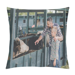 Personality  Happy Father And Son In Checkered Shirts Looking At Cows In Stall  Pillow Covers