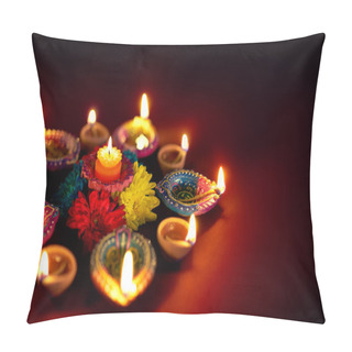 Personality  Colorful Clay Diya Lamps Lit During Diwali Celebration Pillow Covers