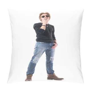 Personality Cool Defiant Self Assured Young Stylish Man Smoking Cigarette Inhaling Rolled Tobacco. Full Length Portrait Isolated On White Background.  Pillow Covers