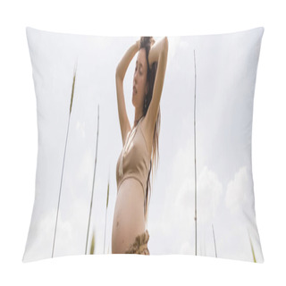 Personality  Low Angle View Of Pregnant Woman Touching Hair In Field, Banner  Pillow Covers