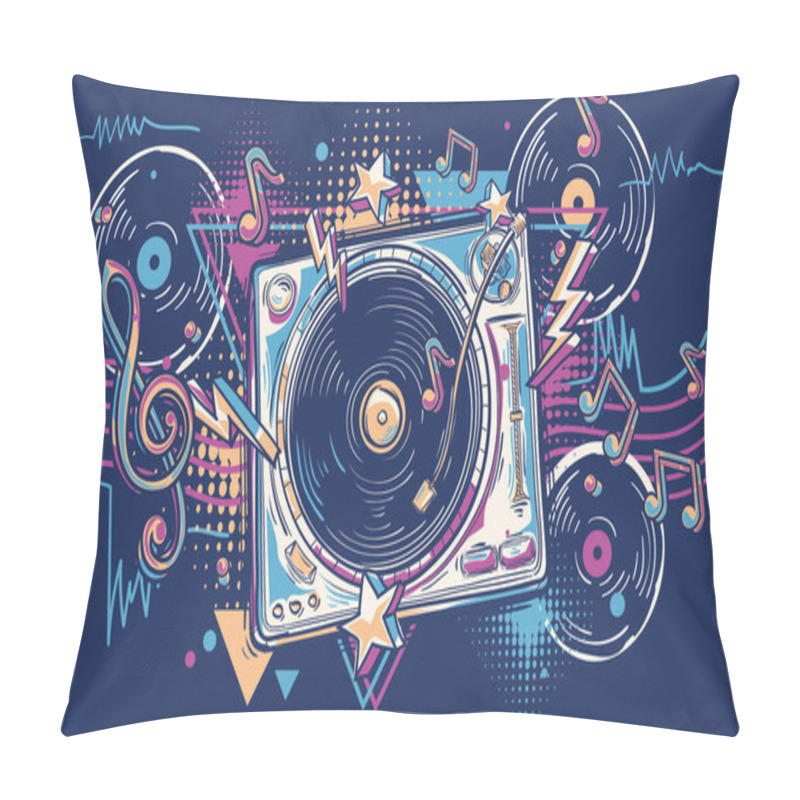 Personality  Colorful music design - drawn turntable with vinyl disks and musical notes pillow covers