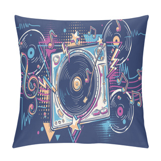 Personality  Colorful Music Design - Drawn Turntable With Vinyl Disks And Musical Notes Pillow Covers