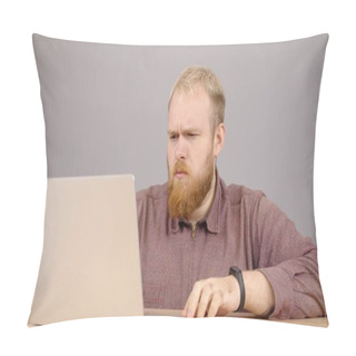 Personality  Upset Caucasian Man Is Using Laptop Texting Enjoying Friendly Communication.  Pillow Covers