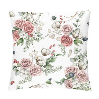 Personality  Watercolor Christmas Seamless Pattern Of Flowers With Pink Roses, Cotton, Blue Thistle And Lunaria. Hand Painted Plants Isolated On White Background. Illustration For Design, Print Or Background. Pillow Covers