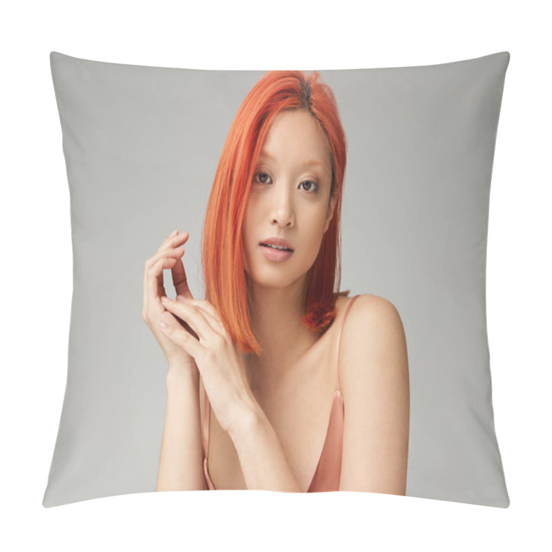 Personality  Portrait Of Pretty Asian Woman With Perfect Skin Looking At Camera On Grey Backdrop, Feminine Energy Pillow Covers