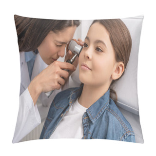 Personality  Attentive Otolaryngologist Examining Ear Of Adorable Smiling Child With Otoscope Pillow Covers