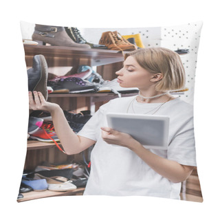 Personality  Side View Of Blonde Saleswoman Looking At Shoe And Holding Digital Tablet In Vintage Shop  Pillow Covers