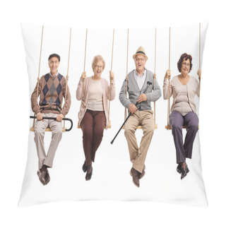 Personality  Cheerful Seniors Sitting On Wooden Swings And Looking At The Camera Isolated On White Background Pillow Covers
