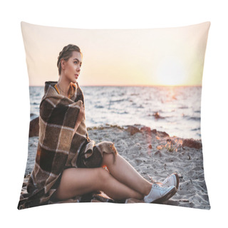 Personality  Beautiful Pensive Young Woman Sitting Wrapped In Plaid And Looking At Majestic Sunset At Sea Pillow Covers