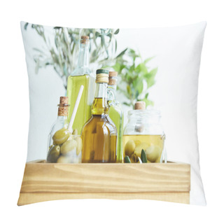 Personality  Glass With Spoon And Green Olives, Jar, Various Bottles Of Aromatic Olive Oil With And Branches On Wooden Tray Pillow Covers