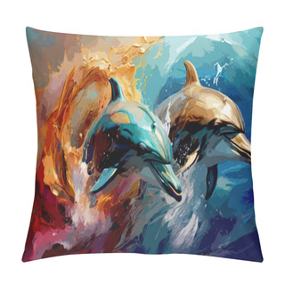 Personality  High Detailed Full Color Vector - Modern Abstract Art Of Two Dolphins Diving Through Paint Splash Waves In Colorful 3D Effect Pillow Covers