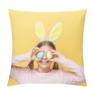 Personality  Cheerful Child With Bunny Ears Covering Eyes With Easter Eggs Isolated On Yellow  Pillow Covers