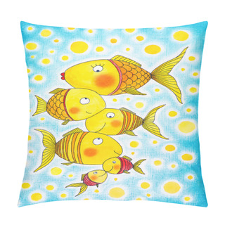 Personality  Group Of Gold Fish, Child's Drawing, Watercolor Painting On Paper Pillow Covers