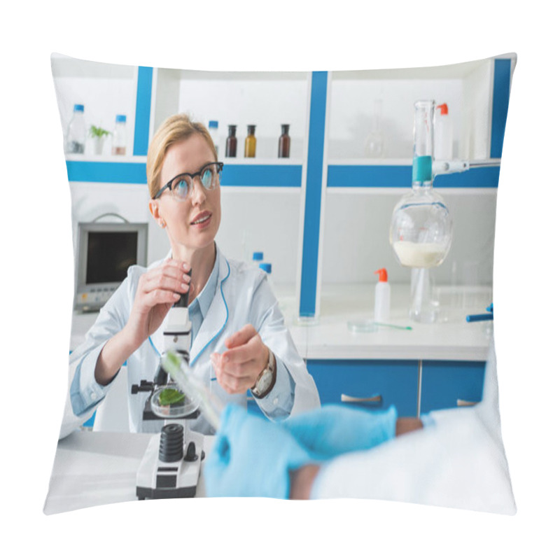 Personality  Selective Focus Of Biologist Talking With African American Colleague In Lab  Pillow Covers