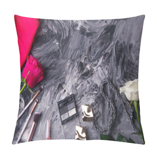 Personality  Stylish Cosmetic Set With Pink And White Roses On Dynamic Abstract Painting. Pillow Covers