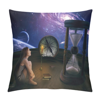 Personality  Lonely Girl In A Middle Of Desert Looking Up On Starry Sky Pillow Covers