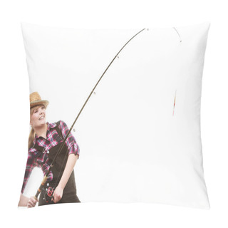Personality  Happy Woman In Sun Hat Holding Fishing Rod Pillow Covers