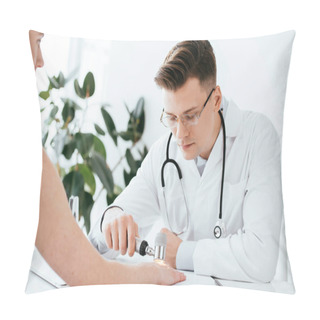 Personality  Selective Focus Of Dermatologist In Glasses Examining Woman While Holding Dermatoscope In Clinic  Pillow Covers