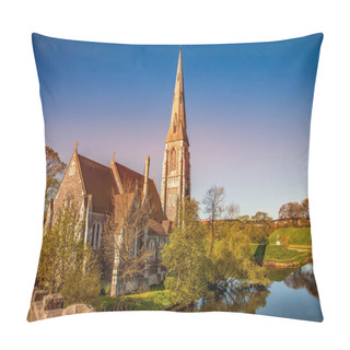 Personality  Calm Pond With Green Vegetation Near Beautiful Old Church At Sunny Day, Copenhagen, Denmark Pillow Covers
