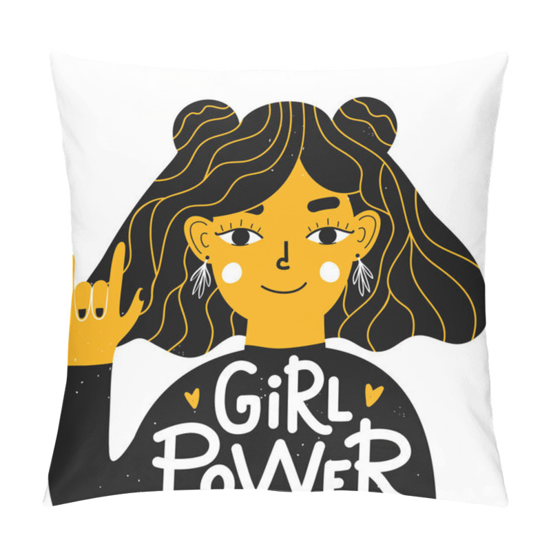 Personality  Vector Illustration With Young Woman Showing Hand Rock Sign And Lettering Text - Girl Power. Pillow Covers