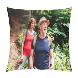 Personality  Senior Tourist Couple With Backpacks On A Walk In Forest In Nature. Pillow Covers