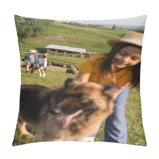 Personality  Couple In Straw Hats Herding Cattle Near Daughter And Cattle Dog On Blurred Foreground Pillow Covers