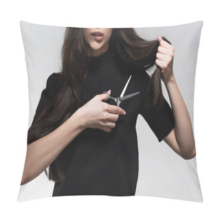Personality  Partial View Of Young Woman Biting Lip And Holding Scissors Near Long Damaged Hair Isolated On Grey Pillow Covers
