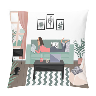 Personality  Happy Young Woman Lying On The Sofa And Reading A Book. I Stay At Home Social Media Campaign For Coronavirus Prevention. Vector Illustration Pillow Covers