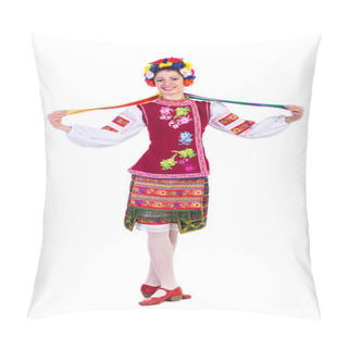 Personality  Beautiful Dancing Girl In Ukrainian Polish National Traditional Costume Clothes Happy Smile, Full Length Portrait Isolated Pillow Covers