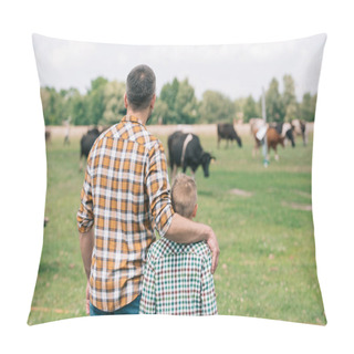 Personality  Back View Of Father And Son Standing Together And Looking At Cows Grazing On Farm Pillow Covers