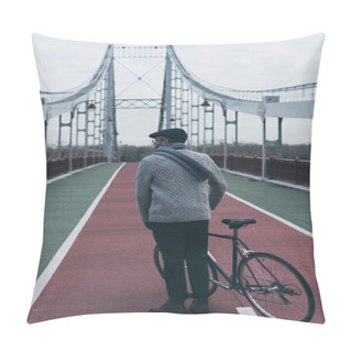 Personality  Back View Of Stylish Man With Bicycle Standing On Pedestrian Bridge Pillow Covers
