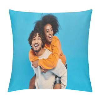 Personality  An Interracial Couple Of Students In Casual Attire Standing Together, With The Man Supporting The Woman On His Back. Pillow Covers