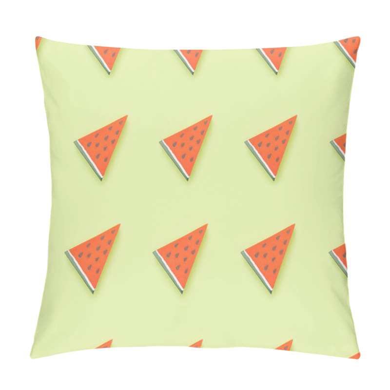 Personality  top view of pattern with handmade red paper watermelon slices isolated on green pillow covers